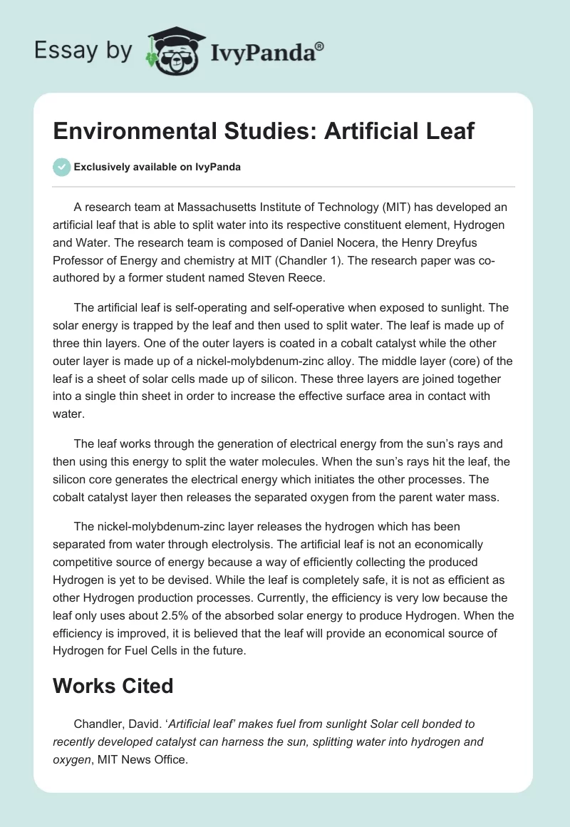 Environmental Studies: Artificial Leaf. Page 1