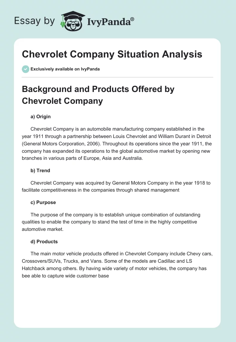 Chevrolet Company Situation Analysis. Page 1
