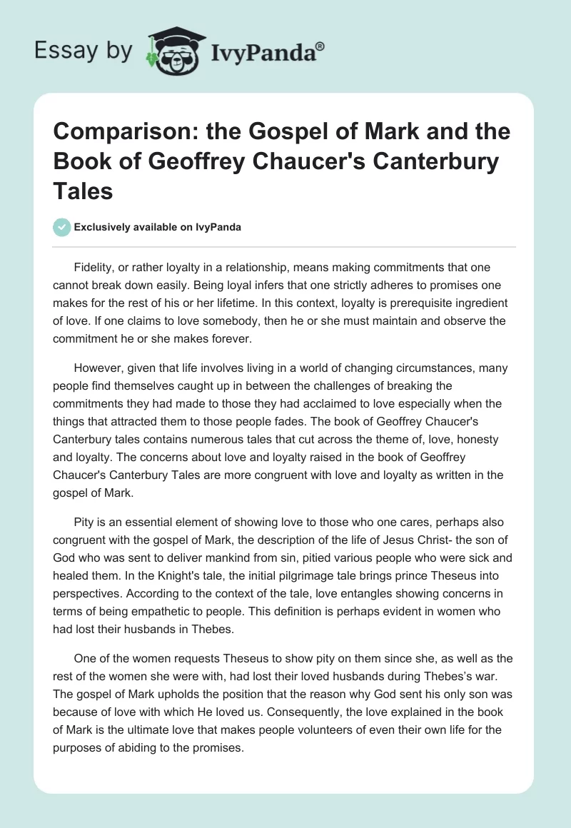 Comparison: The Gospel of Mark and the Book of Geoffrey Chaucer's The Canterbury Tales. Page 1