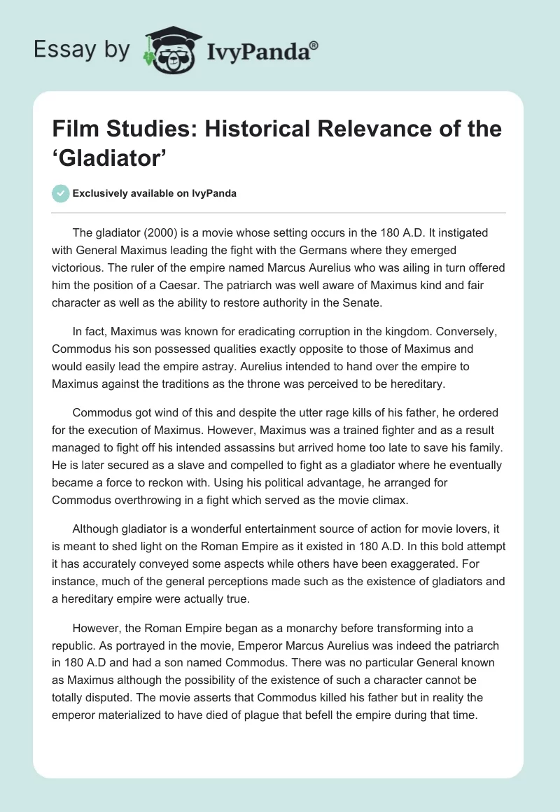 Film Studies: Historical Relevance of the ‘Gladiator’. Page 1