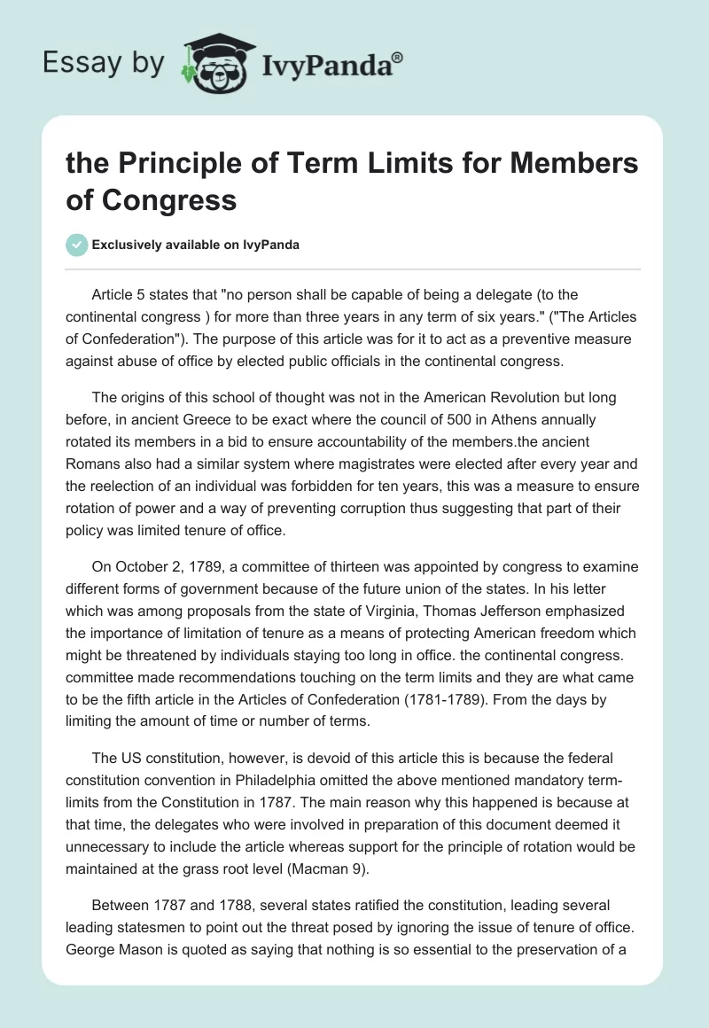 the Principle of Term Limits for Members of Congress. Page 1