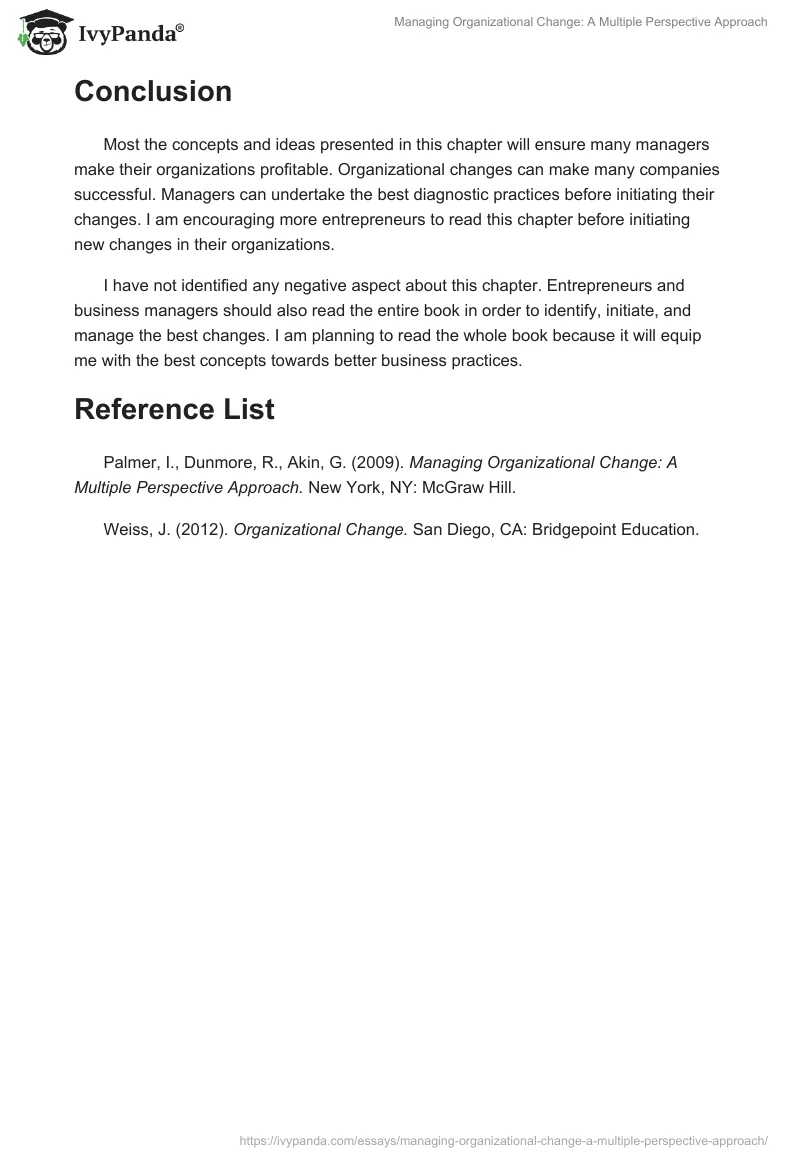 Managing Organizational Change: A Multiple Perspective Approach. Page 4