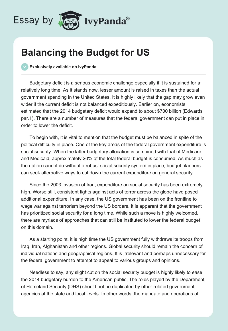 Balancing the Budget for US. Page 1