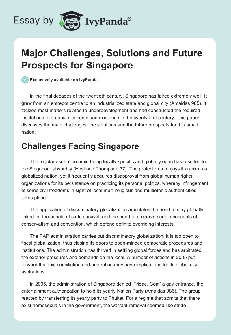Major Challenges, Solutions and Future Prospects for Singapore. Page 1