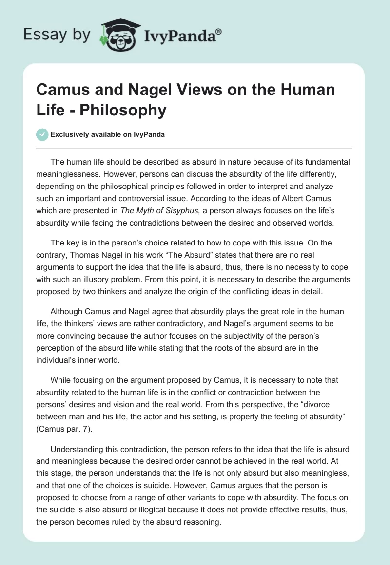 Camus and Nagel Views on the Human Life - Philosophy. Page 1