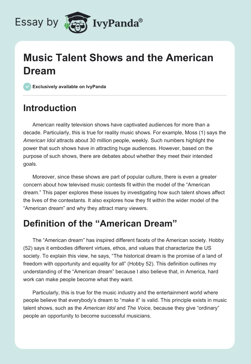 Music Talent Shows and the American Dream. Page 1