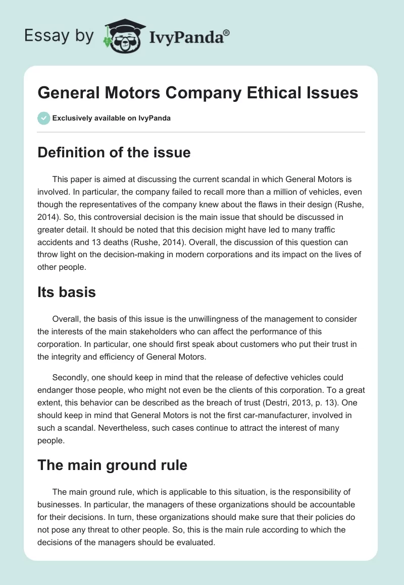 General Motors Company Ethical Issues. Page 1