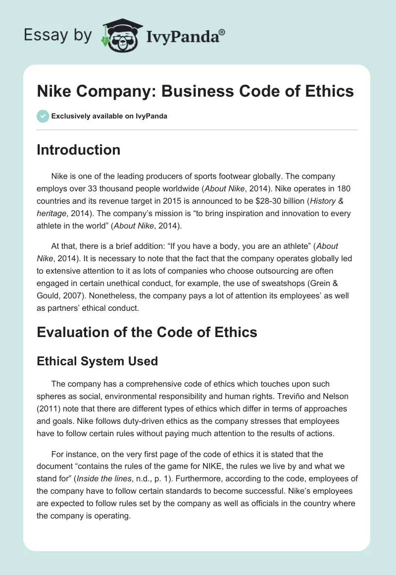 Nike Company: Business Code of Ethics. Page 1