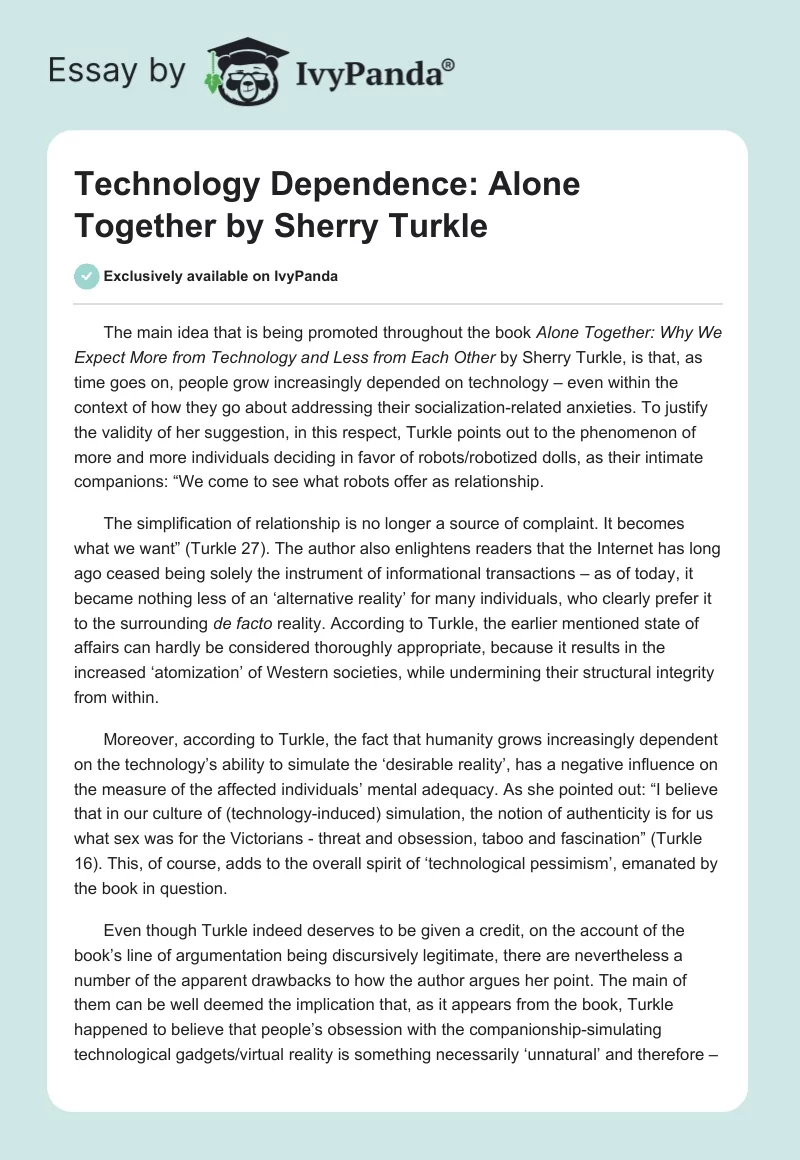 Technology Dependence: "Alone Together" by Sherry Turkle. Page 1