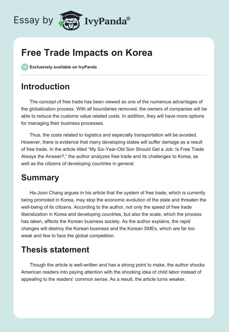 Free Trade Impacts on Korea. Page 1