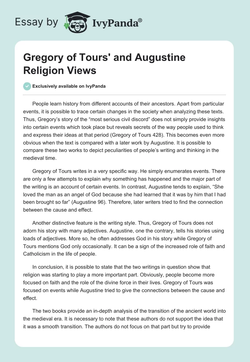 Gregory of Tours' and Augustine Religion Views. Page 1