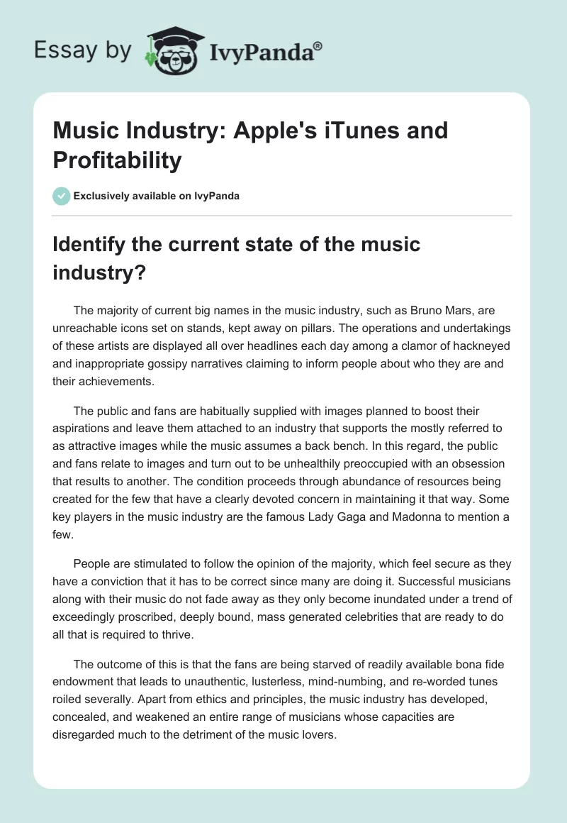 Music Industry: Apple's iTunes and Profitability. Page 1