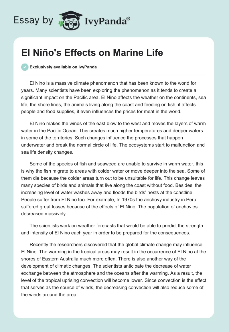 El Niño's Effects on Marine Life. Page 1