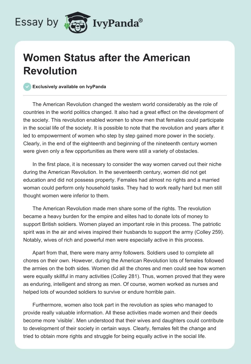 Women Status after the American Revolution. Page 1