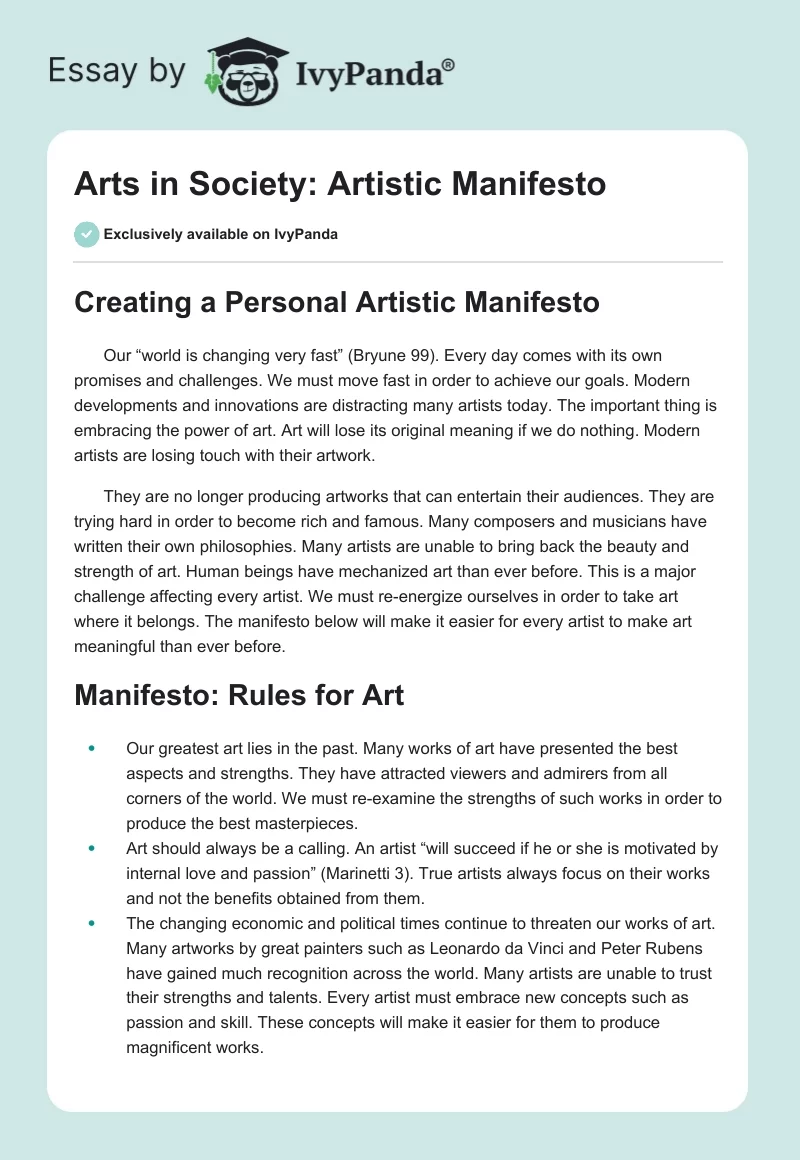 Arts in Society: Artistic Manifesto. Page 1