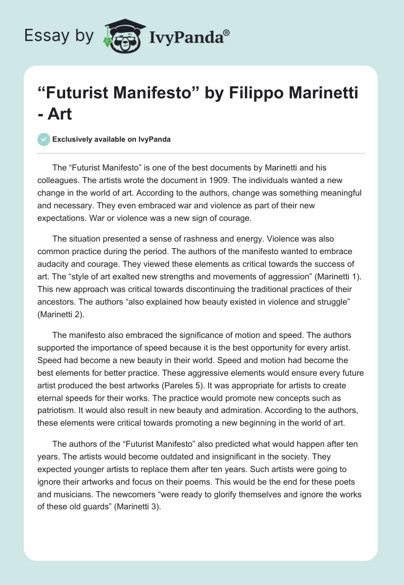 “Futurist Manifesto” by Filippo Marinetti - Art. Page 1
