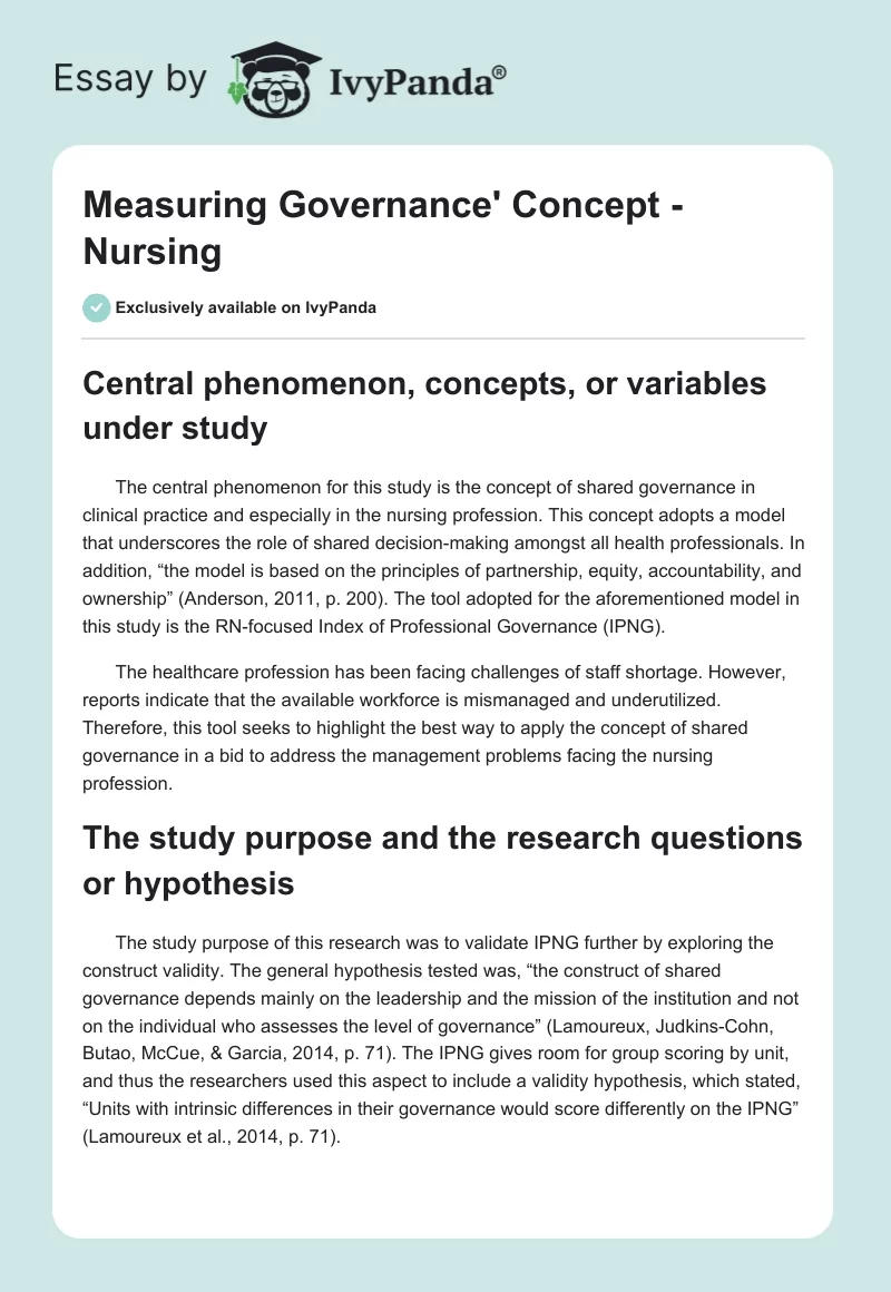 Measuring Governance' Concept - Nursing. Page 1