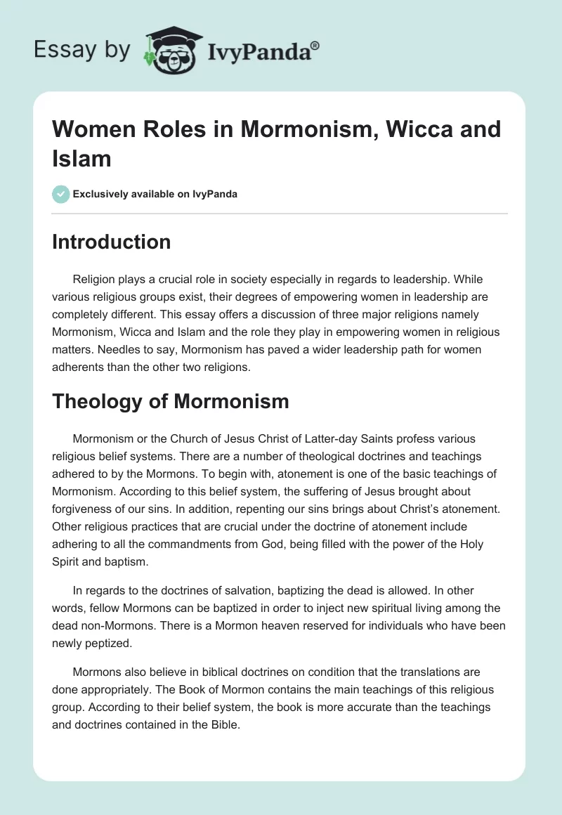 Women Roles in Mormonism, Wicca and Islam. Page 1