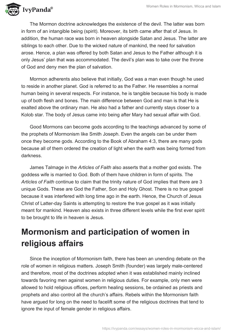 Women Roles in Mormonism, Wicca and Islam. Page 2