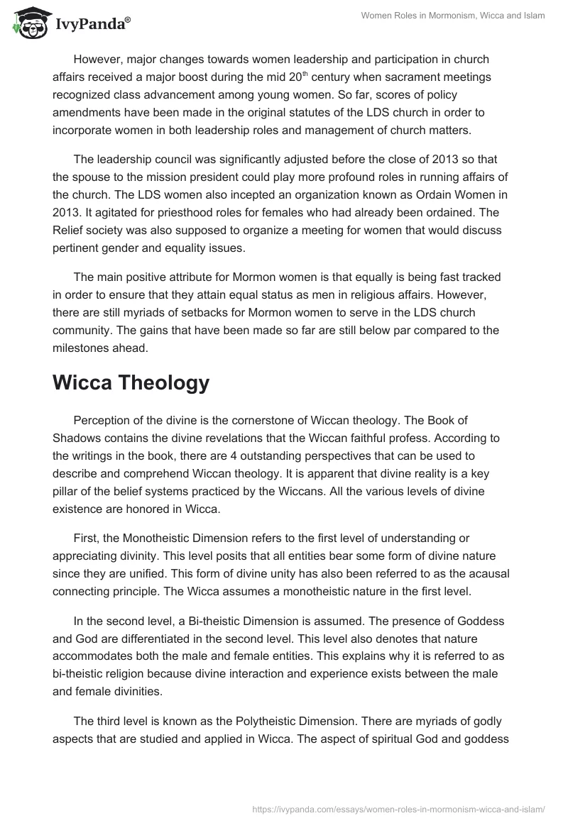 Women Roles in Mormonism, Wicca and Islam. Page 3