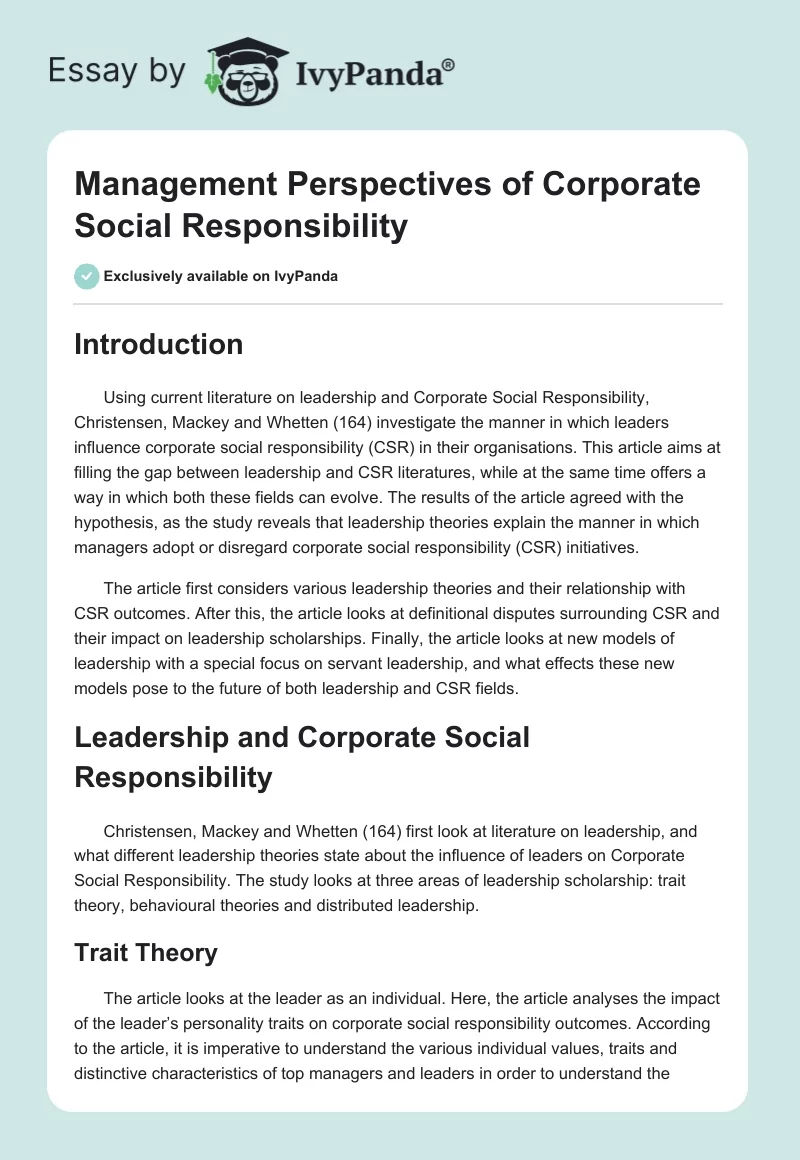 Management Perspectives of Corporate Social Responsibility. Page 1