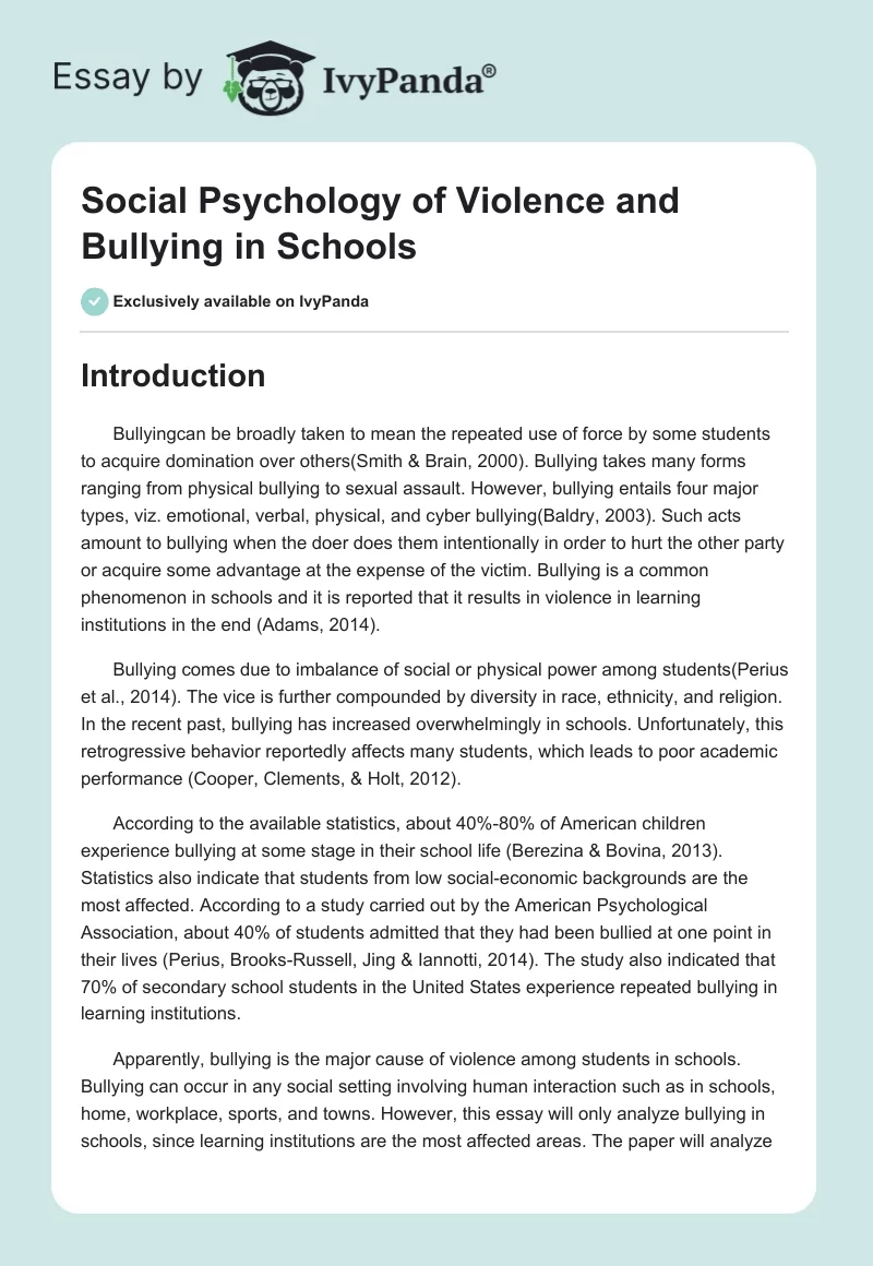 Social Psychology of Violence and Bullying in Schools. Page 1