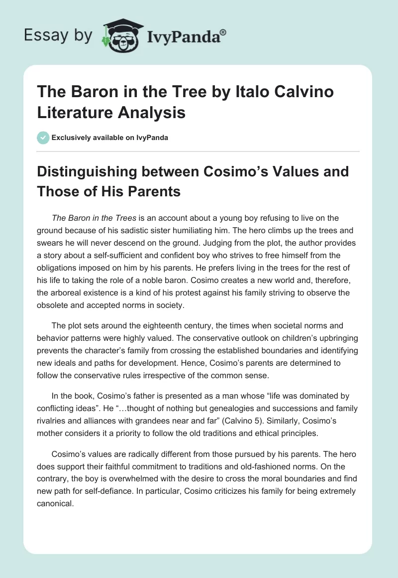 "The Baron in the Tree" by Italo Calvino Literature Analysis. Page 1
