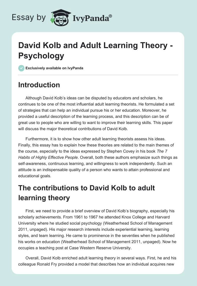 David Kolb and Adult Learning Theory - Psychology. Page 1