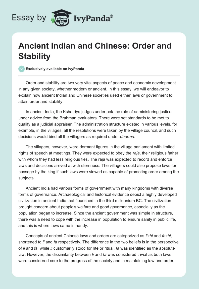 Ancient Indian and Chinese: Order and Stability. Page 1