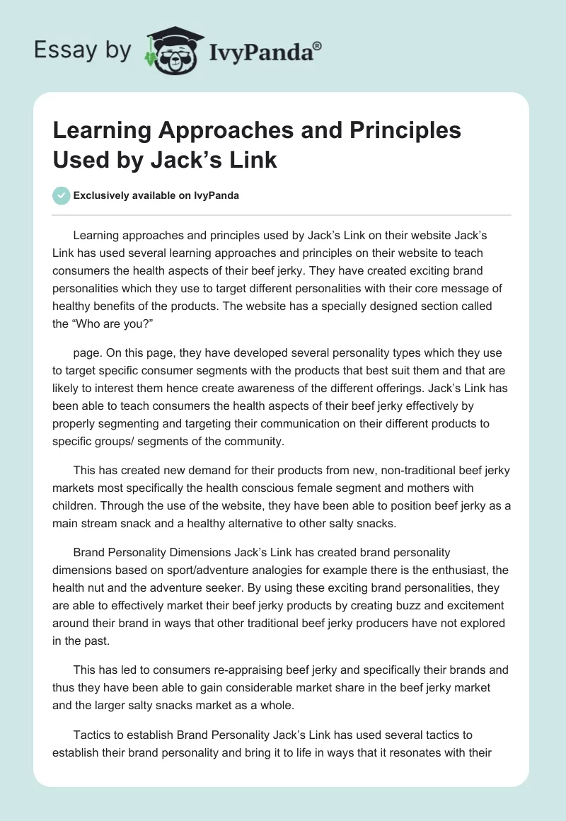 Learning Approaches and Principles Used by Jack’s Link. Page 1