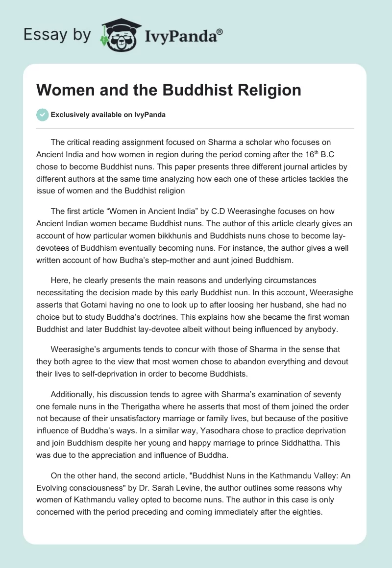 Women and the Buddhist Religion. Page 1