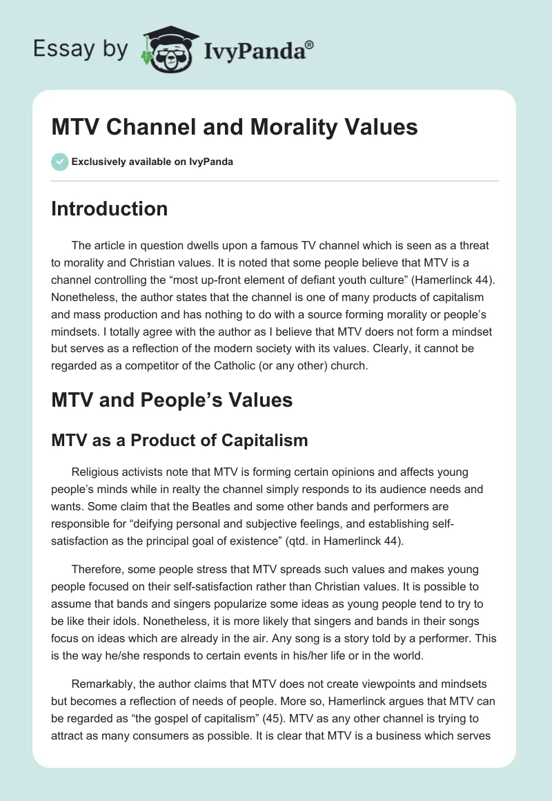MTV Channel and Morality Values. Page 1