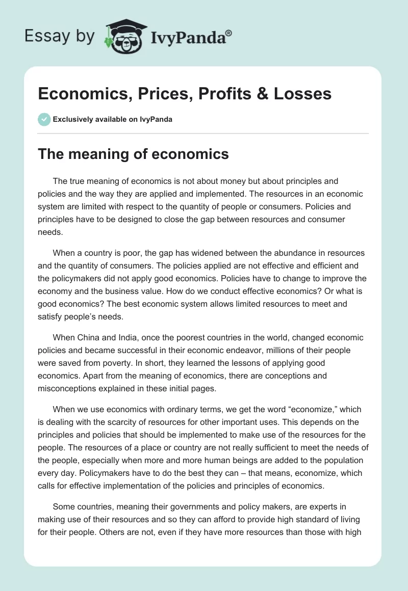 Economics, Prices, Profits & Losses. Page 1