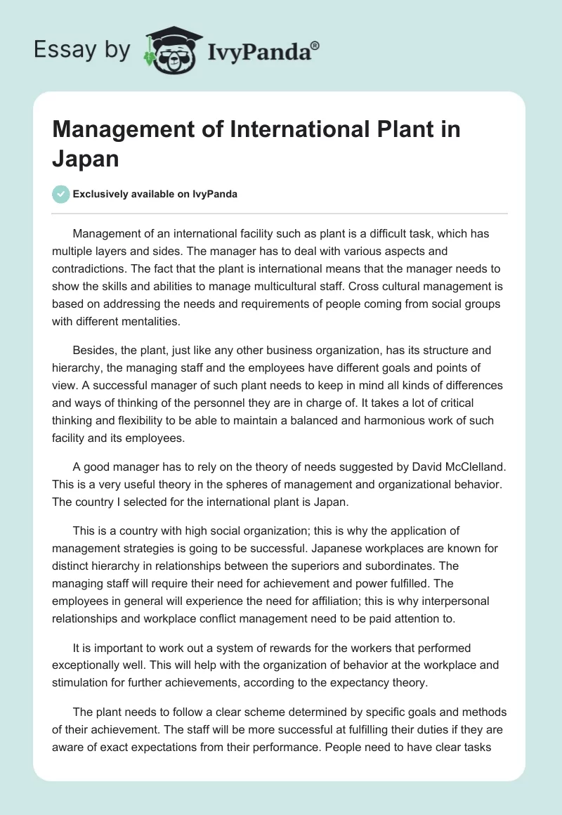 Management of International Plant in Japan. Page 1