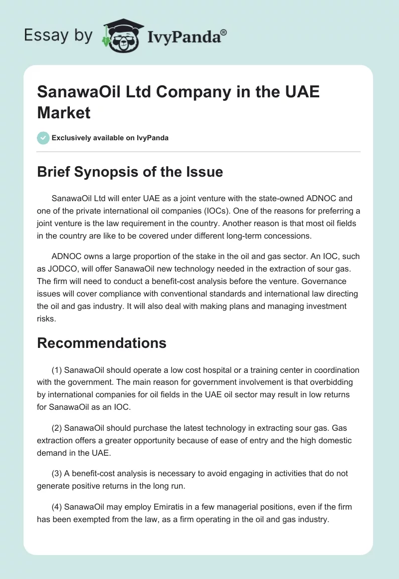 SanawaOil Ltd Company in the UAE Market. Page 1