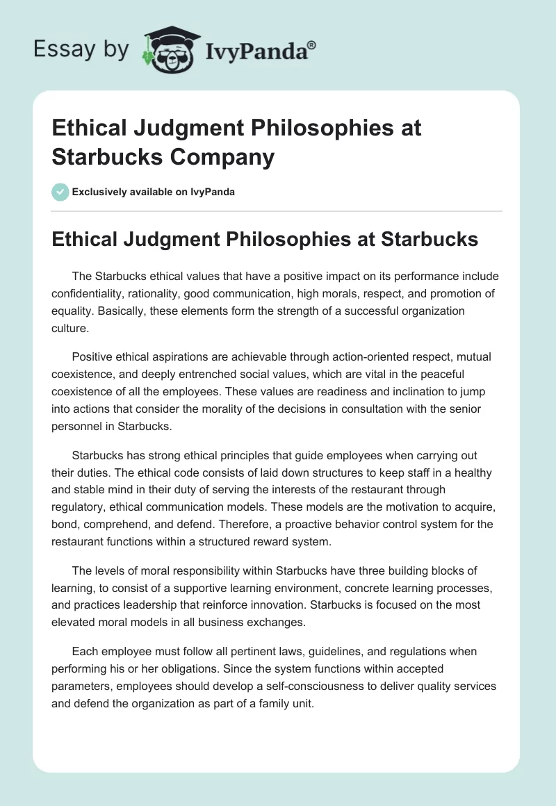 Ethical Judgment Philosophies at Starbucks Company. Page 1