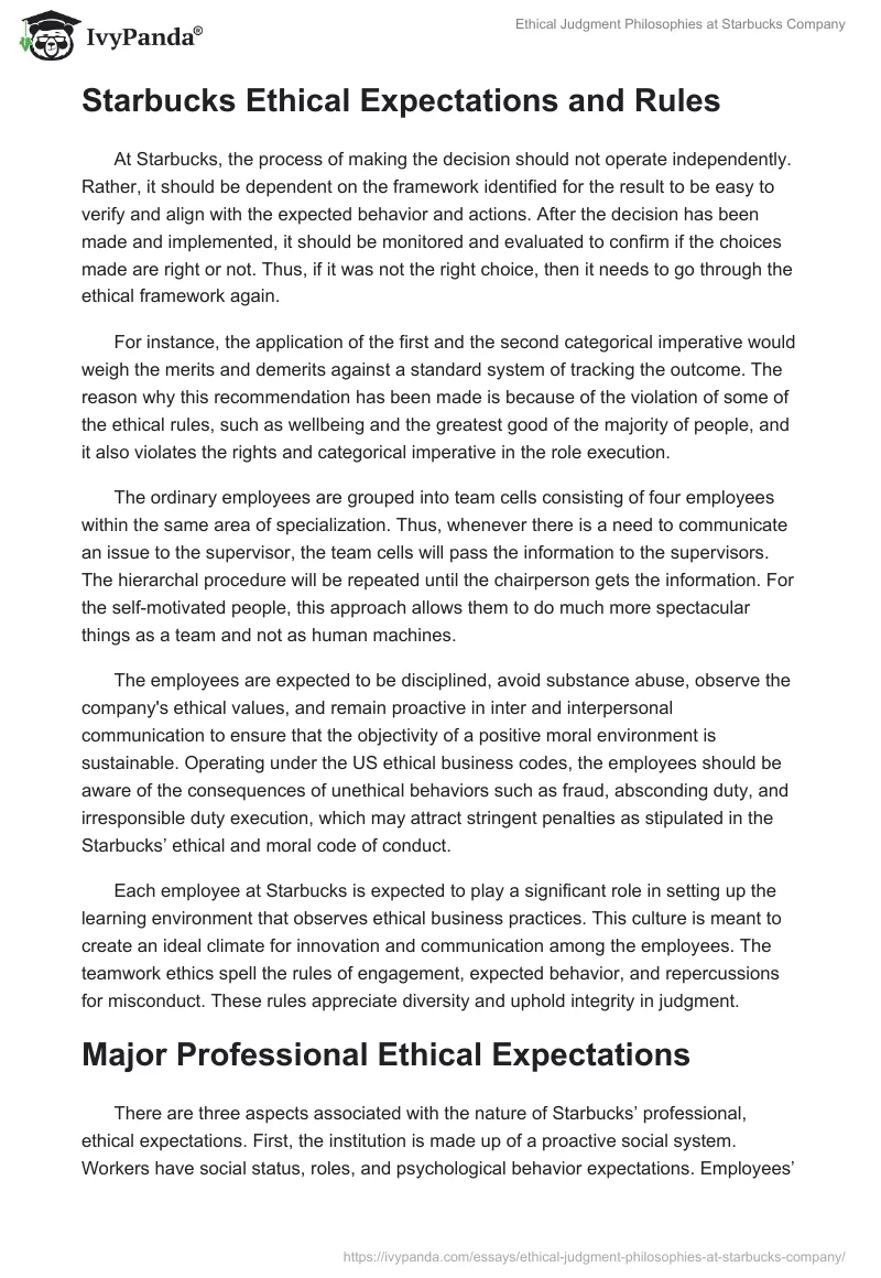 Ethical Judgment Philosophies at Starbucks Company. Page 2