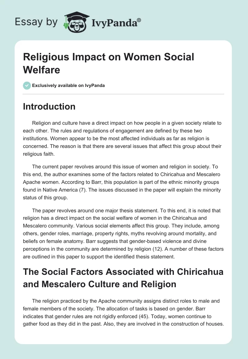 Religious Impact on Women Social Welfare. Page 1
