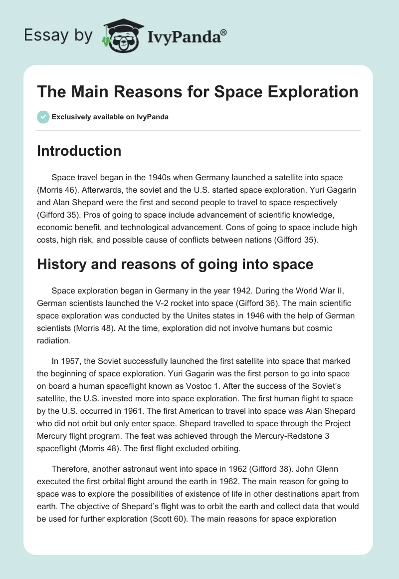 The Main Reasons for Space Exploration. Page 1