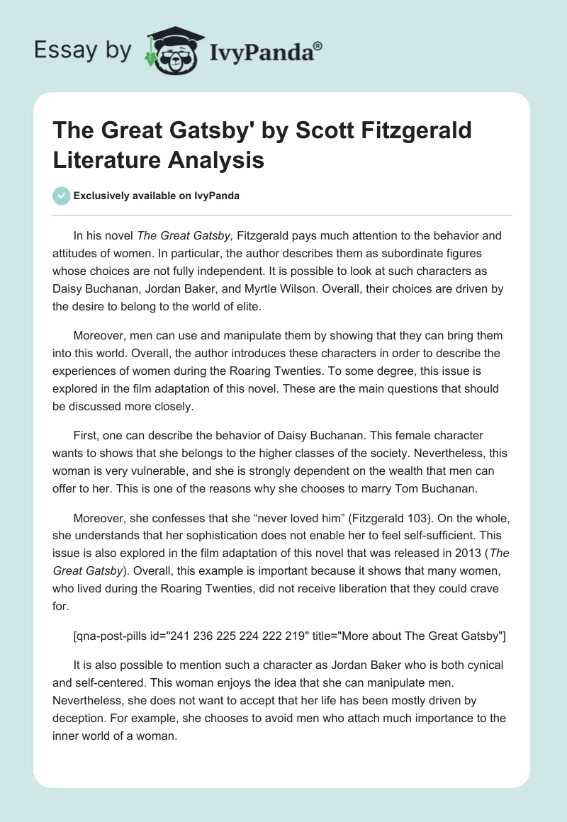 The Great Gatsby' by Scott Fitzgerald Literature Analysis. Page 1