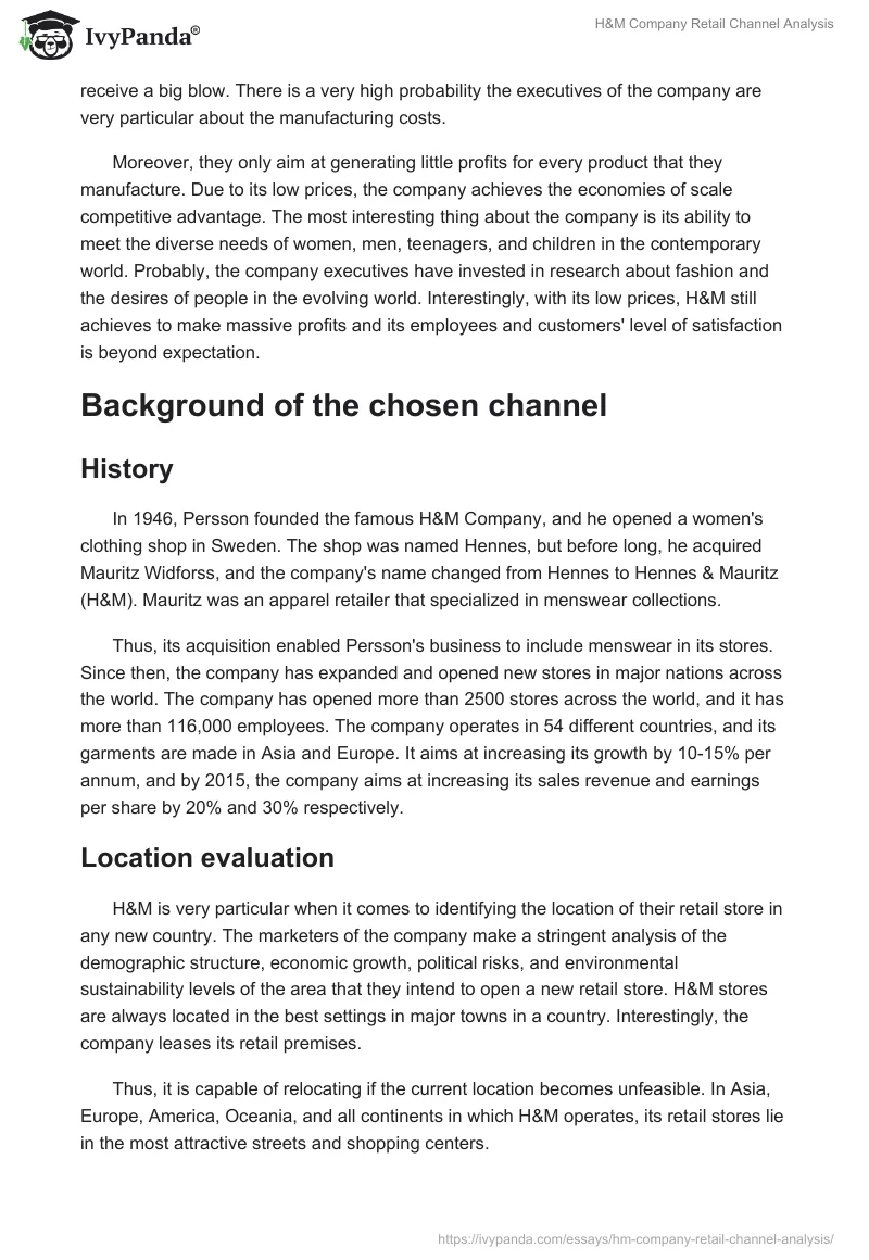 H&M Company Retail Channel Analysis. Page 2