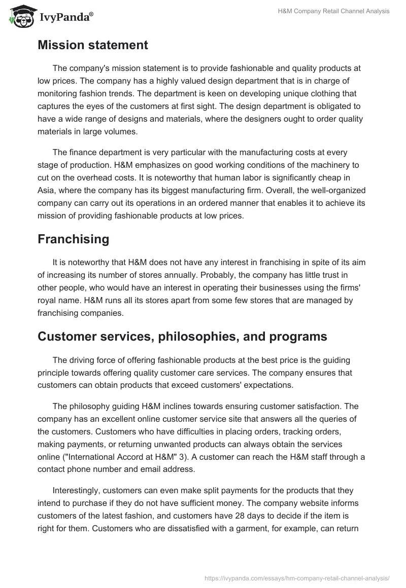 H&M Company Retail Channel Analysis. Page 3
