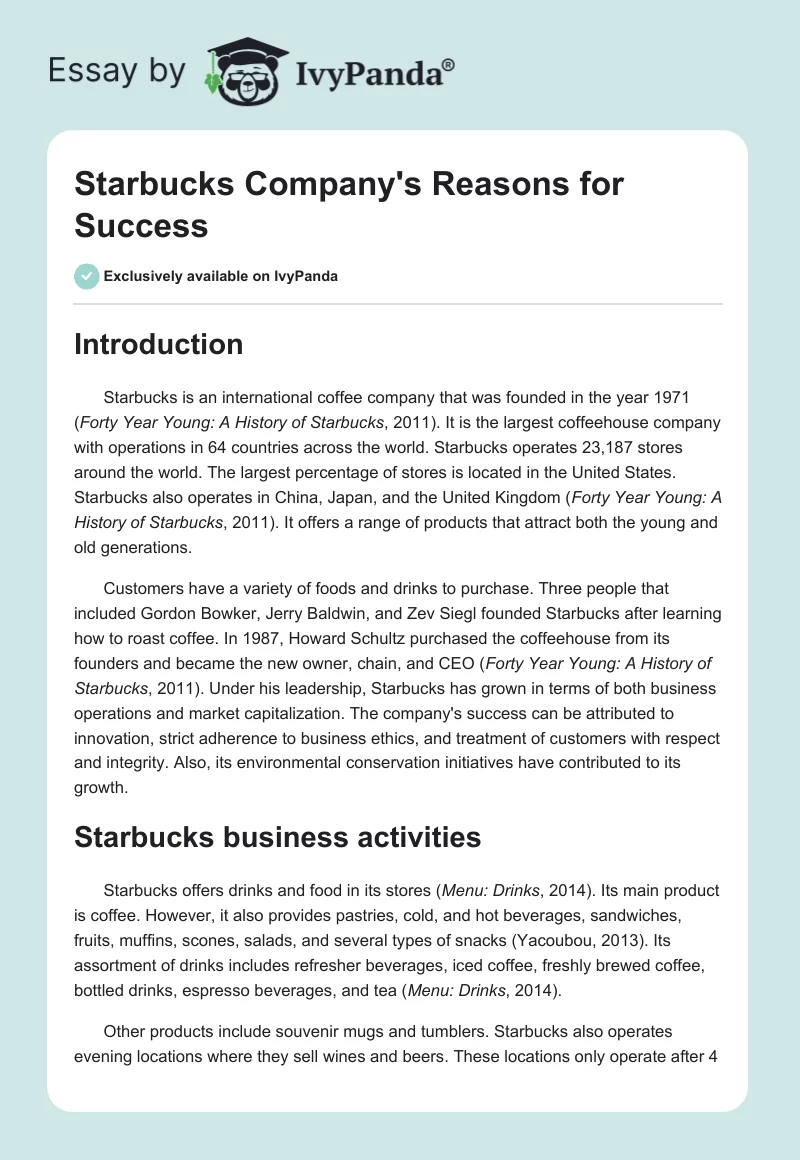 Starbucks Company's Reasons for Success. Page 1