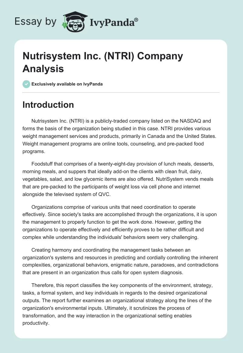 Nutrisystem Inc. (NTRI) Company Analysis. Page 1