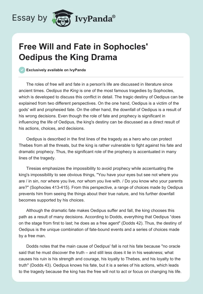 Free Will and Fate in Sophocles' Oedipus the King Drama. Page 1