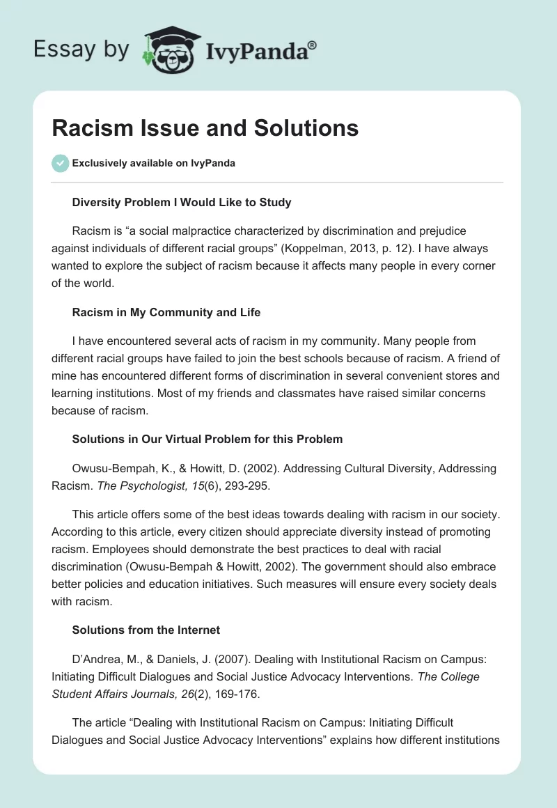 Racism Issue and Solutions. Page 1