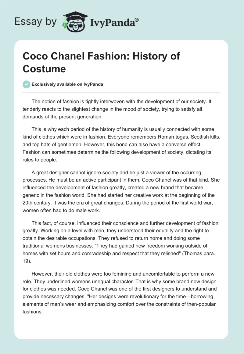 Coco Chanel Fashion: History of Costume. Page 1