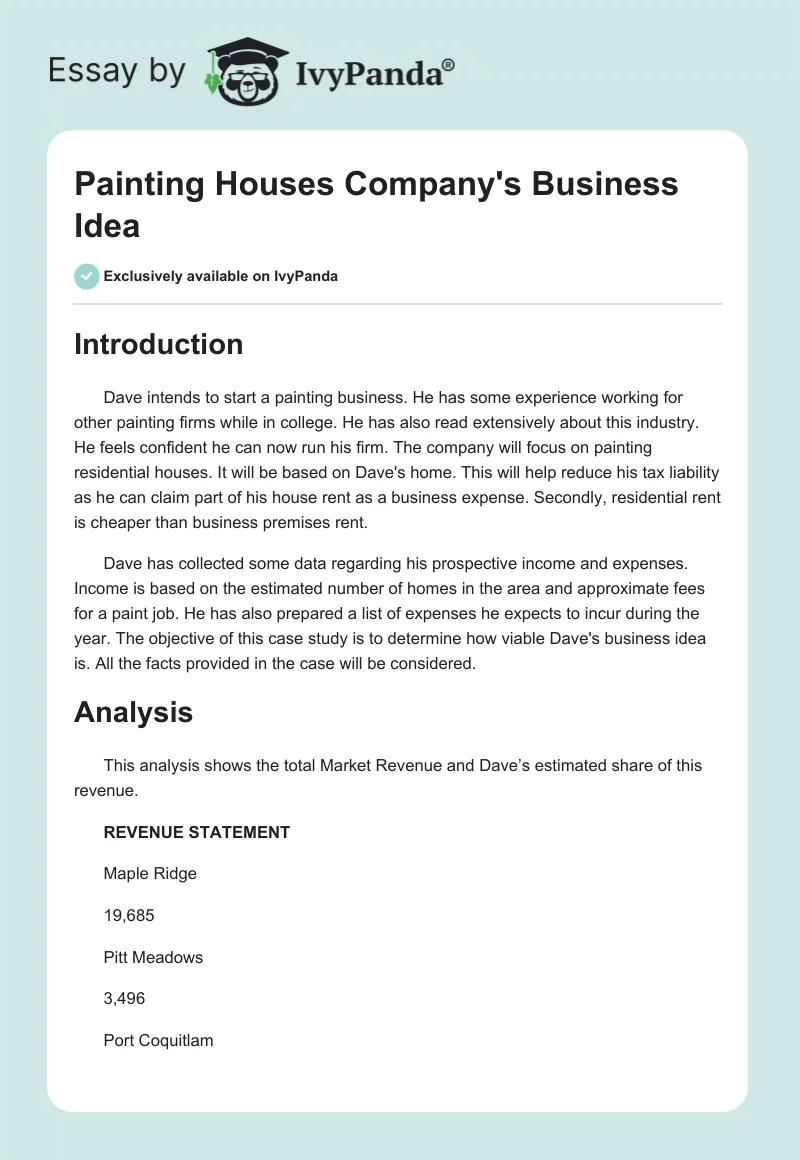 Painting Houses Company's Business Idea. Page 1