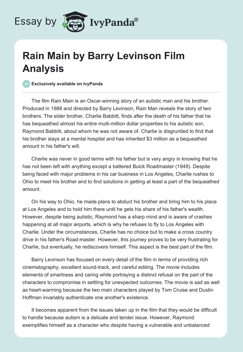 Rain Main by Barry Levinson Film Analysis. Page 1