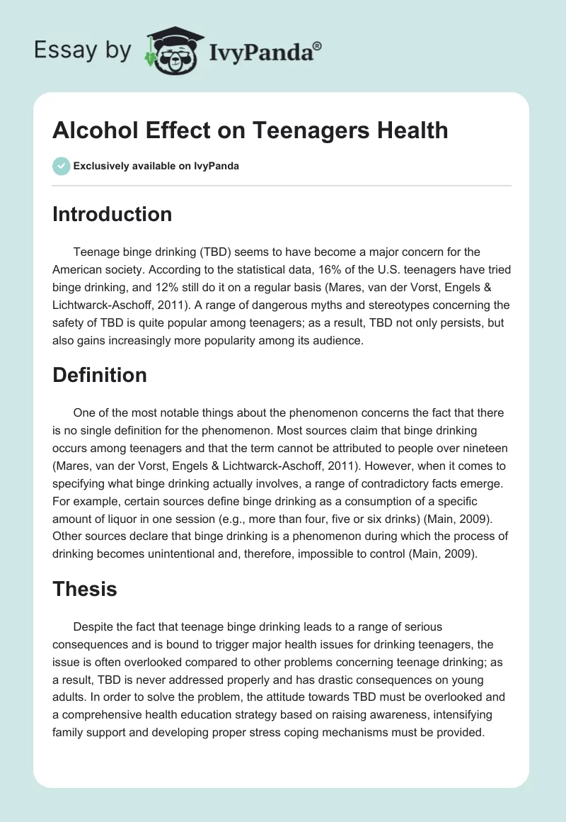 Alcohol Effect on Teenagers Health. Page 1